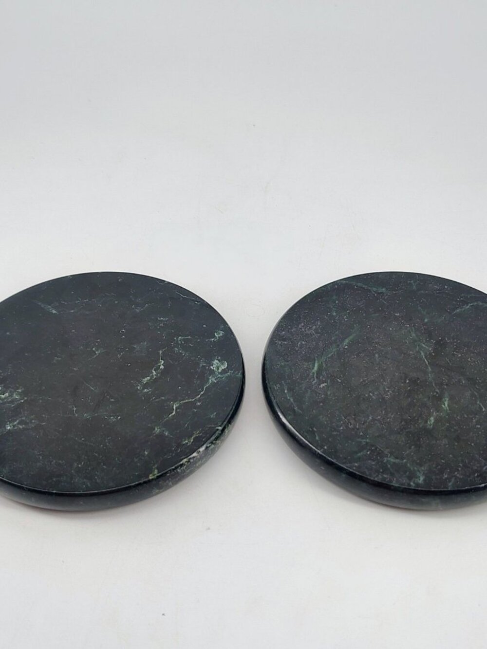 Set of 2 Dark Green Marble Coasters with Cork Backing 4" Round Stone Drink Mats